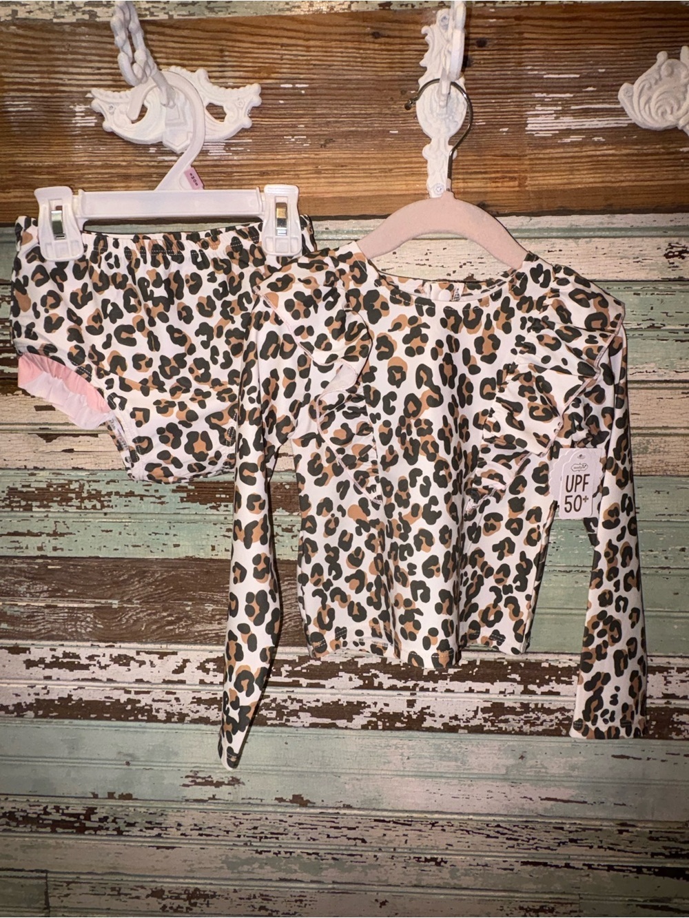 NEW Mud Pie Leopard Print Girls Swim 2 pc Bathing Suit Set - White, Brown, Black